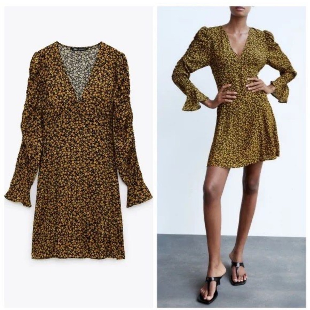 Zara floral printed v-neck puff sleeve mini dress